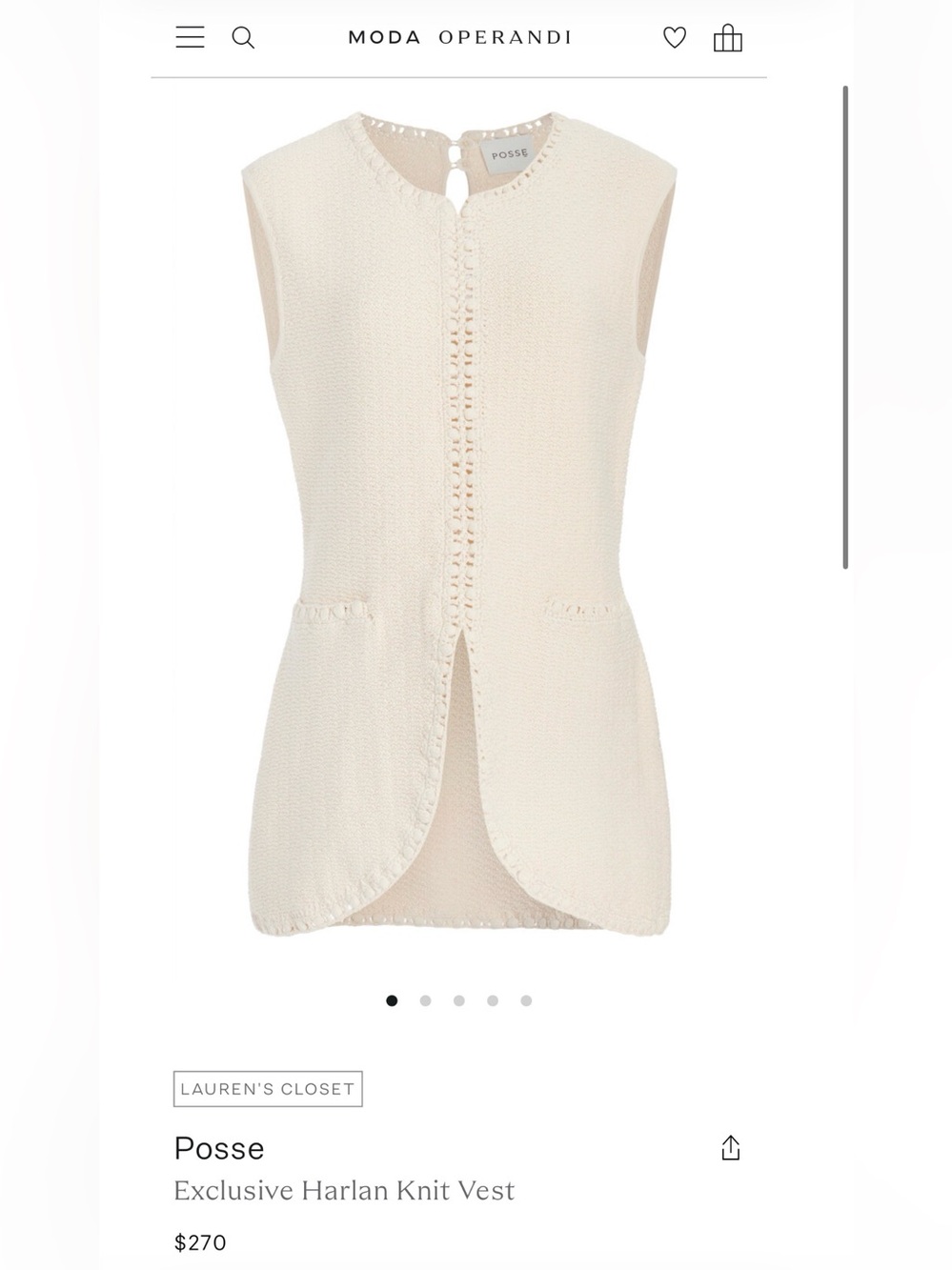Posse Cream Knit Vest BNWT. XS